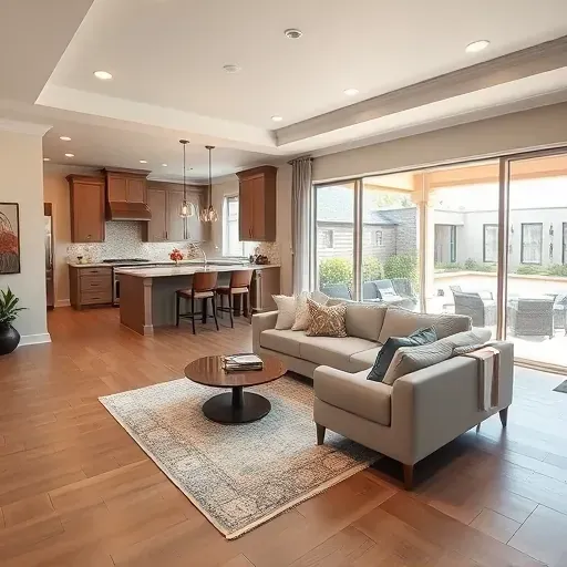 Modern interior in Duncanville TX showcases sunlit living room, sleek furniture, and open concept kitchen with outdoor view.