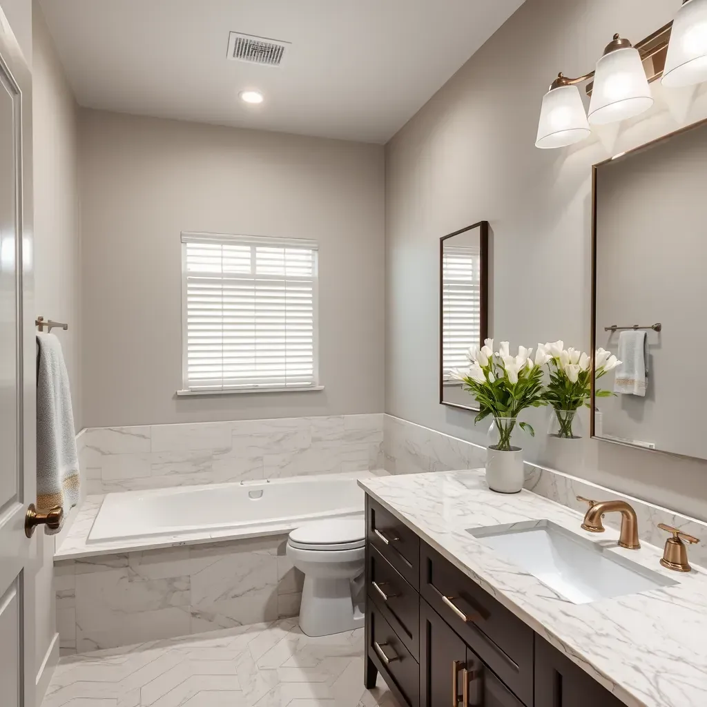 Modern bathroom in Frisco, TX mid-remodel with marble tub, subway tiles, glass shower, vanity, and construction tools.