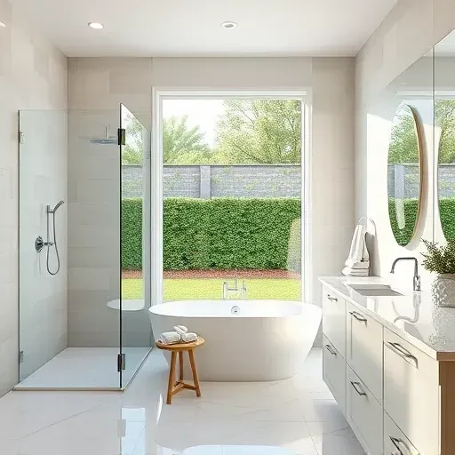 Remodeled Arlington TX bathroom with modern fixtures, frameless shower, freestanding tub, marble countertops, and natural daylight