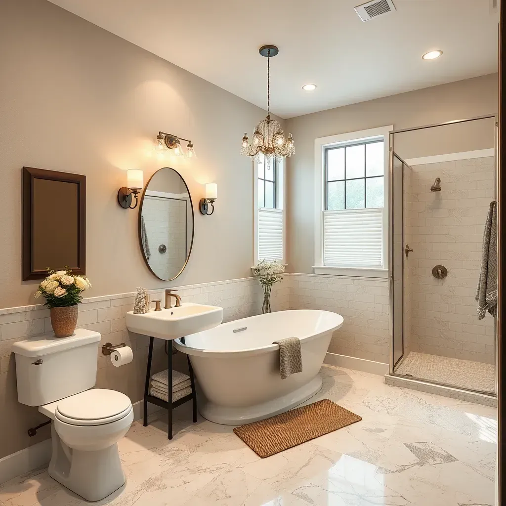 Modern remodeled bathroom in Hurst, TX with sleek tiles, walk-in shower, quartz vanity, chrome fixtures, and natural light.