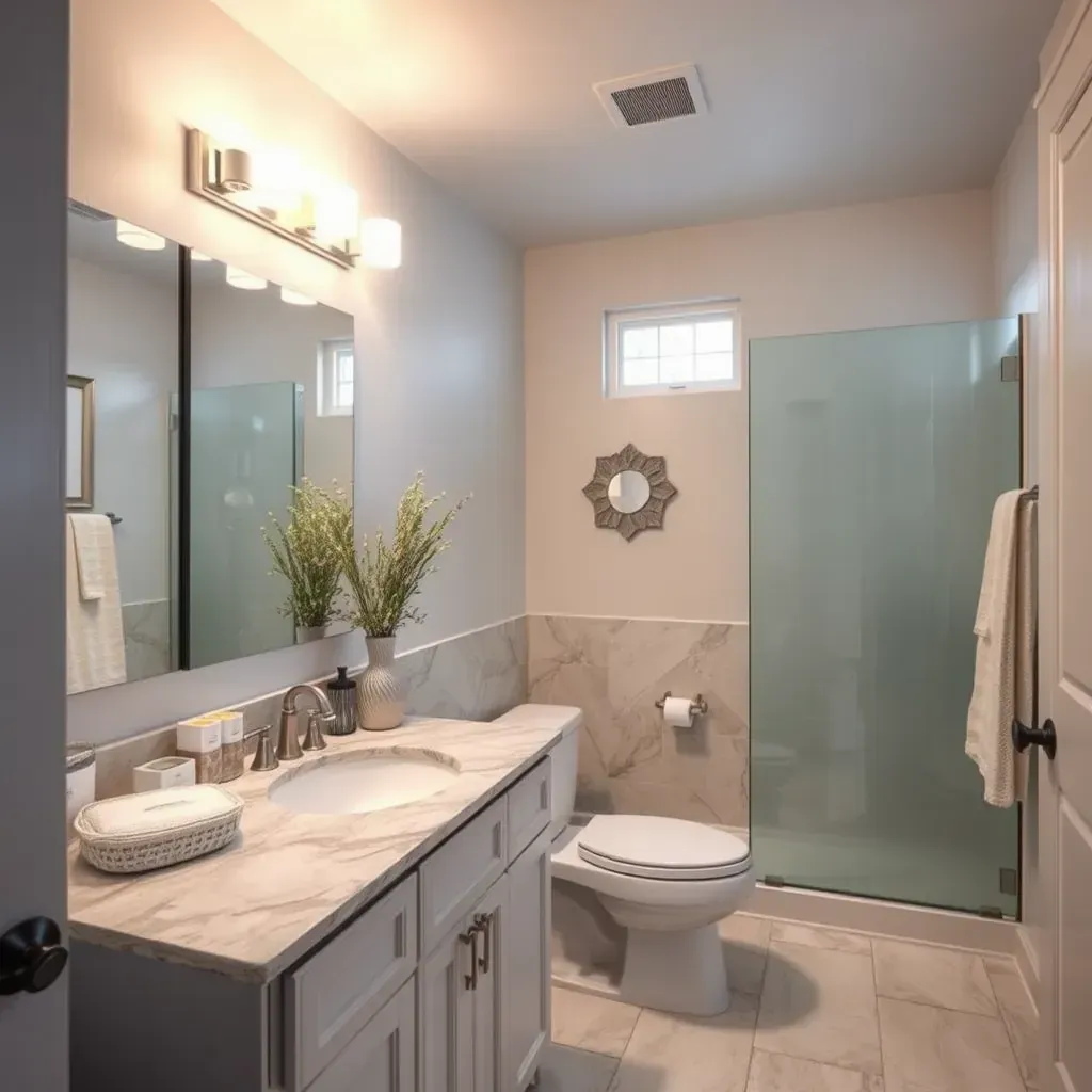 Modern Cedar Hill bathroom with sleek finishes, rainfall shower, double vanity, quartz countertops, and abundant natural light.