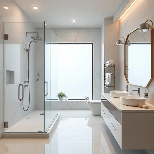 Bathroom remodel in Addison, TX with modern fixtures, marble tiles, walk-in shower, quartz vanity, and spa-like ambiance.