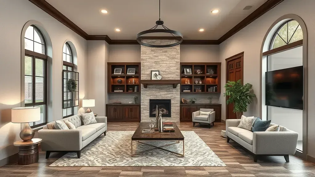 Modern remodeled home in Farmers Branch, TX featuring hardwood floors, crown molding, large windows, stylish furniture, and sleek kitchen finishes.