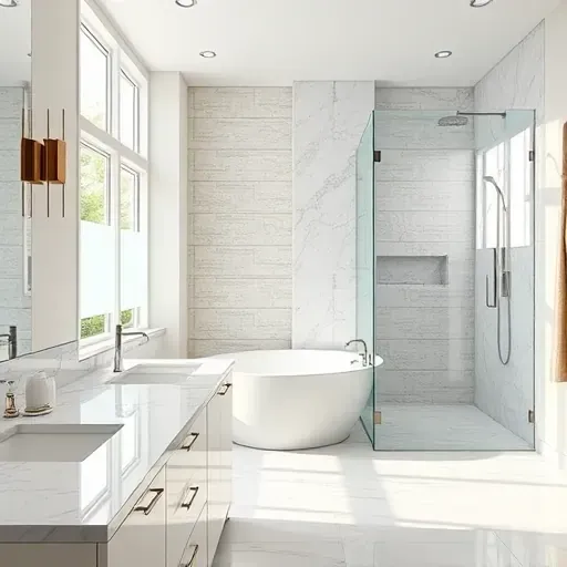 Renovated bathroom in McKinney TX featuring marble countertops, glass shower, soaking tub, and neutral tones.