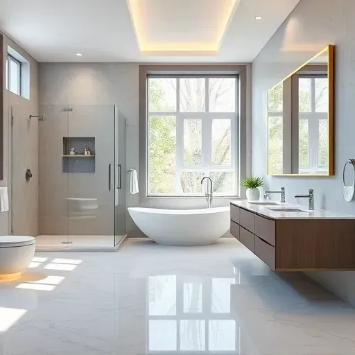 Newly remodeled Dallas bathroom features a free-standing tub, walk-in shower, and floating vanity in soft neutral tones.