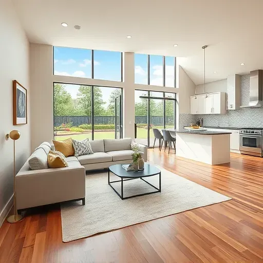 Modern Irving home remodel with a spacious living room featuring a gray sectional, glass coffee table, hardwood floors, and an open-concept kitchen.