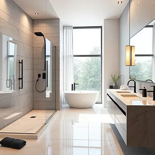 Remodeled McKinney Texas bathroom with glass shower, black hardware, marble vanity, soaking tub, and natural light
