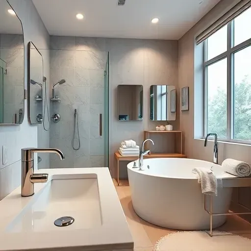 Renovated Hurst, TX bathroom with modern fixtures, glass shower, soaking tub, ambient lighting, and sleek accessories.