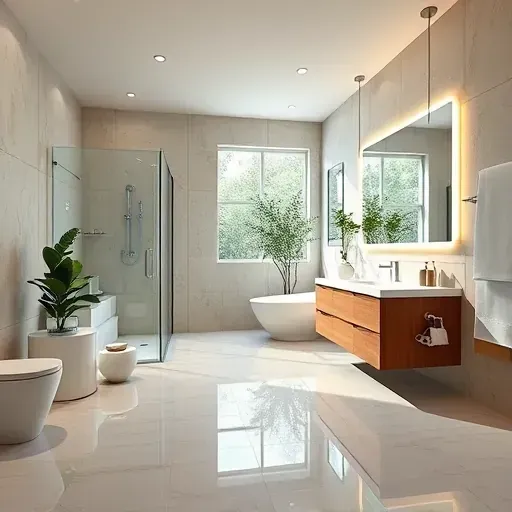 Remodeled Denton bathroom with sleek tile floors, walk-in shower, modern vanity, ambient lighting, and stylish decor.