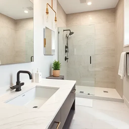 Modern remodeled bathroom in Flower Mound, TX with marble countertops, black fixtures, walk-in shower, and stylish decor.