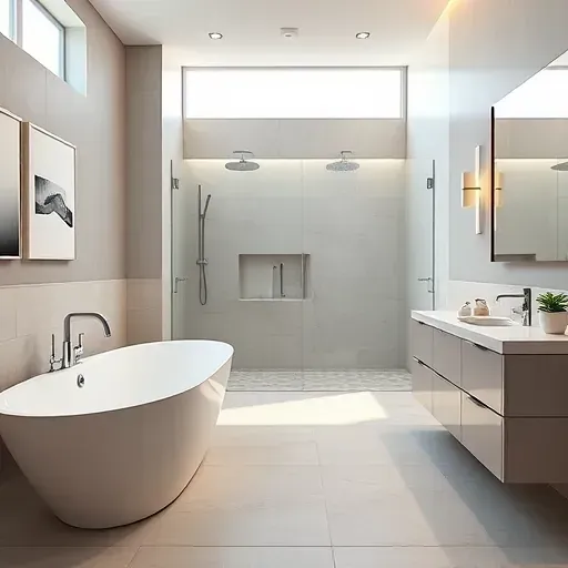 Modern upscale bathroom in Lewisville, TX featuring a freestanding tub, glass-enclosed shower, sleek vanity, and elegant decor.