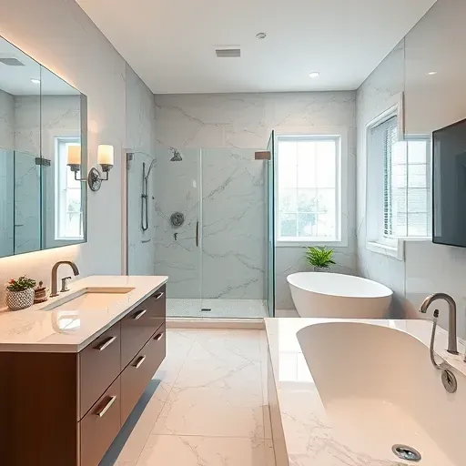 Renovated Keller TX bathroom with marble countertops glass shower soaking tub modern fixtures neutral tones greenery soft lighting