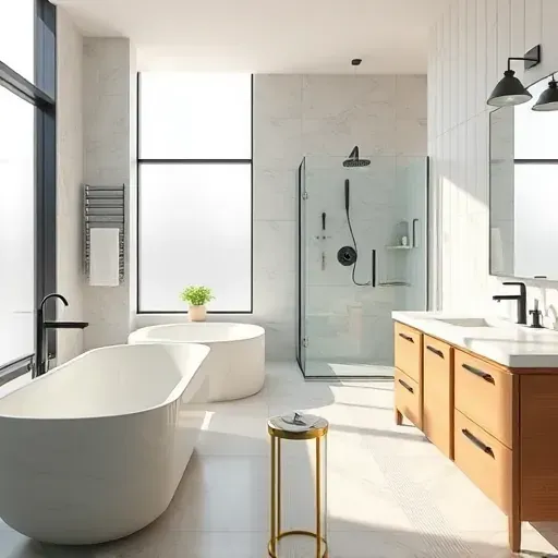 Remodeled Denton, TX bathroom with marble countertops, freestanding tub, glass shower, natural light, and warm accents.