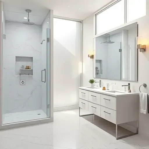 Remodeled Southlake, TX bathroom with walk-in shower, marble tiles, double vanity, quartz countertops, and modern fixtures.