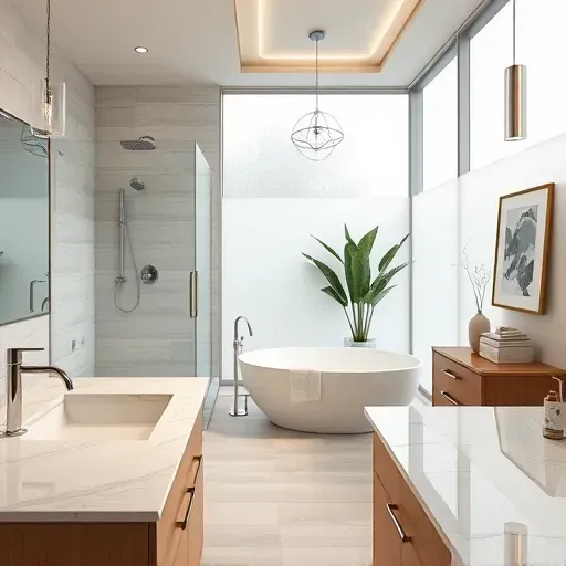 Professionally remodeled Arlington TX bathroom with modern fixtures, frameless shower, soaking tub, and elegant marble accents.