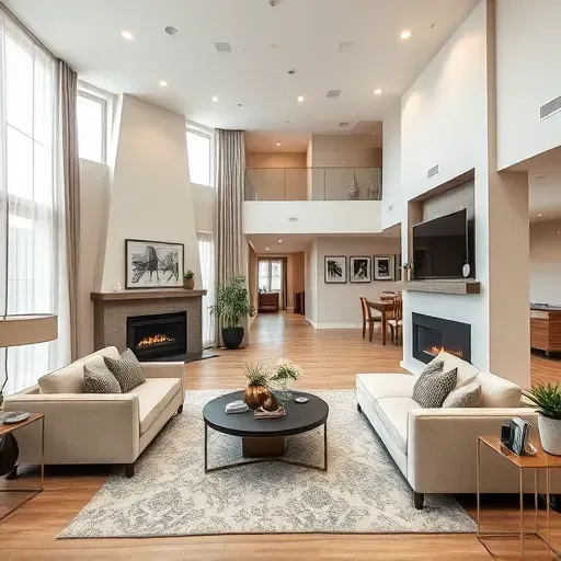 Spacious modern living room in Carrollton TX featuring elegant decor, natural light, and a cozy fireplace.