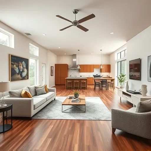 Remodeled Watauga, TX home featuring a modern living room, hardwood floors, large windows, stylish decor, and a lush outdoor patio.