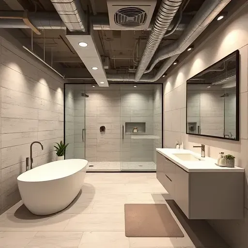 Renovated Arlington basement bathroom with porcelain tiles, freestanding bathtub, glass shower, floating vanity, and modern fixtures