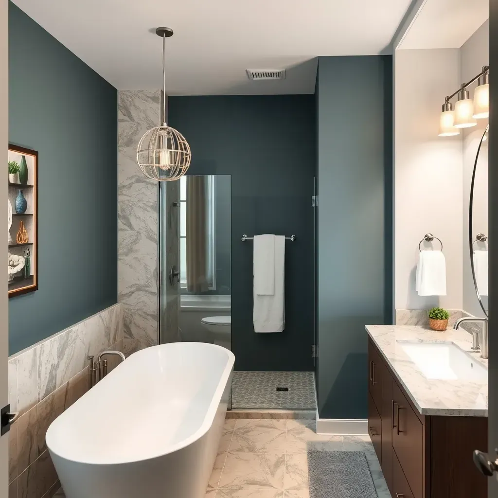 Detailed bathroom remodel in Frisco, TX with modern fixtures, sleek cabinets, and stylish lighting.