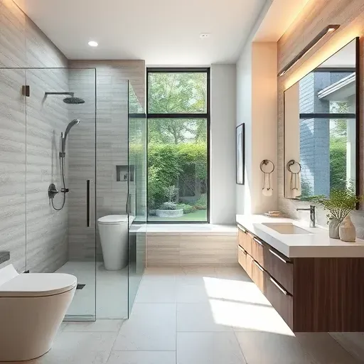 Renovated Hurst, TX bathroom with walk-in shower, modern fixtures, neutral tile, large mirror, and lush backyard view.