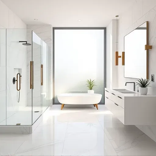 Modern Lewisville bathroom with marble tiles, walk-in shower, floating vanity, large mirror, and natural light.
