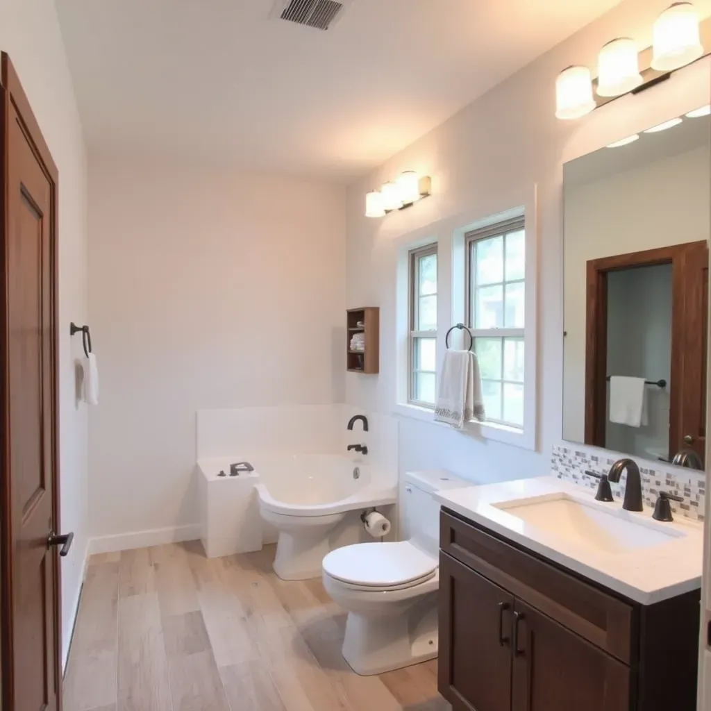 Modern Haslet, TX bathroom with marble vanity, glass shower, soaking tub, contemporary decor, and smart features.