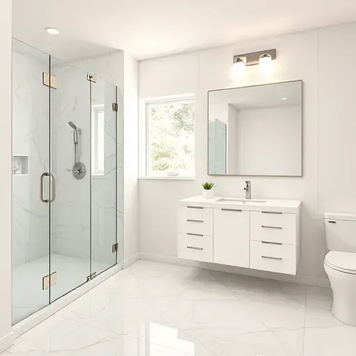 Renovated North Richland Hills bathroom with walk-in shower, marble floors, modern vanity, neutral tones, and natural lighting.