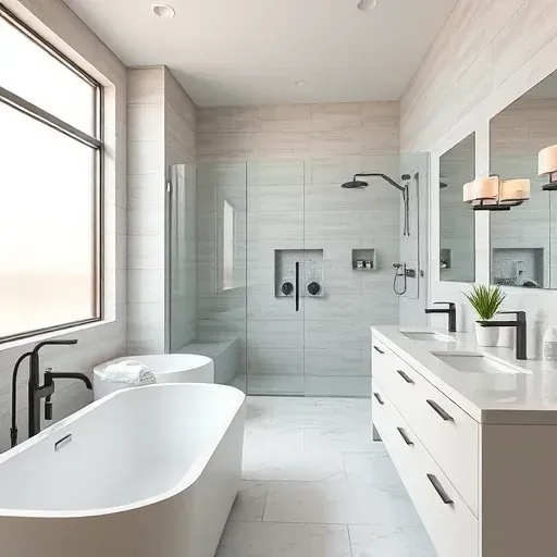 Remodeled luxury bathroom in The Colony, TX with a soaking tub, walk-in shower, marble double vanity, and modern fixtures.
