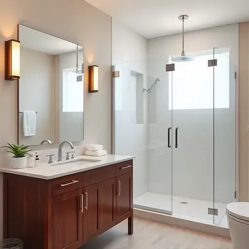 Remodeled Highland Village TX bathroom with modern fixtures, walk-in shower, dark wood vanity, marble countertop, and natural light