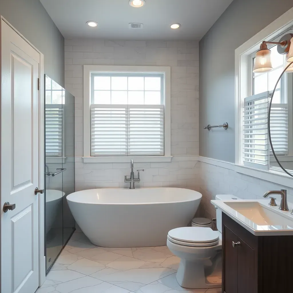Modern Arlington bathroom with sleek vanity, rainfall shower, neutral tones, large windows, and elegant fixtures.