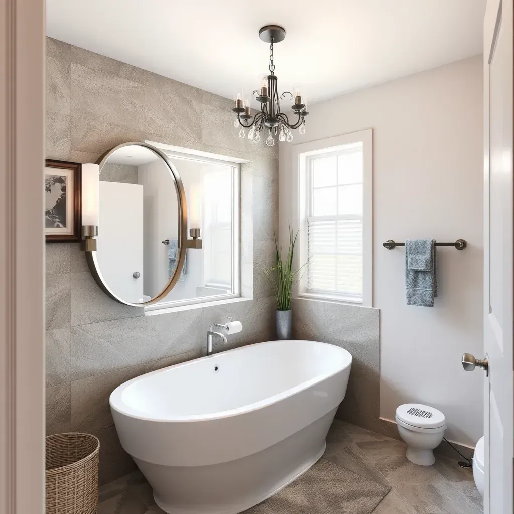 Modern bathroom in Watauga, TX featuring a glass shower, soaking tub, double vanity, and natural light.