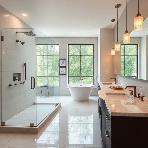 Modern renovated Frisco TX bathroom with walk-in glass shower freestanding tub sleek fixtures neutral tones lush greenery natural light