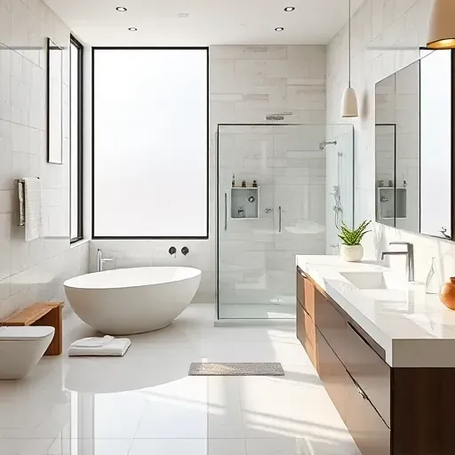 Modern Arlington TX bathroom with a freestanding bathtub, glass shower, double marble vanity, neutral tones, natural light