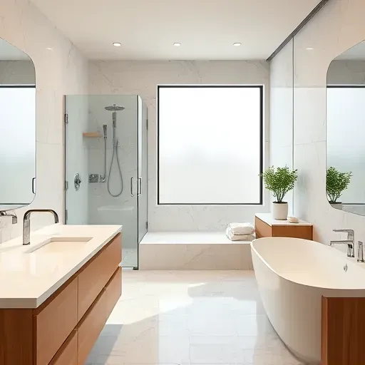 Renovated North Richland Hills bathroom with modern fixtures, walk-in shower, freestanding tub, marble tiles, and elegant decor.