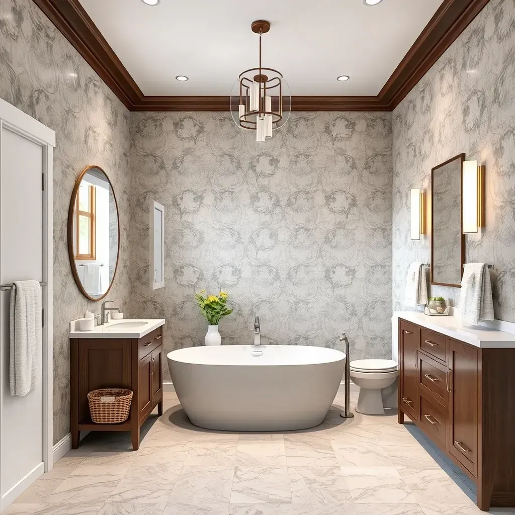 Bathroom in Grand Prairie, TX with glowing natural light, walk-in glass shower, freestanding tub, modern vanity, and neutral tones.
