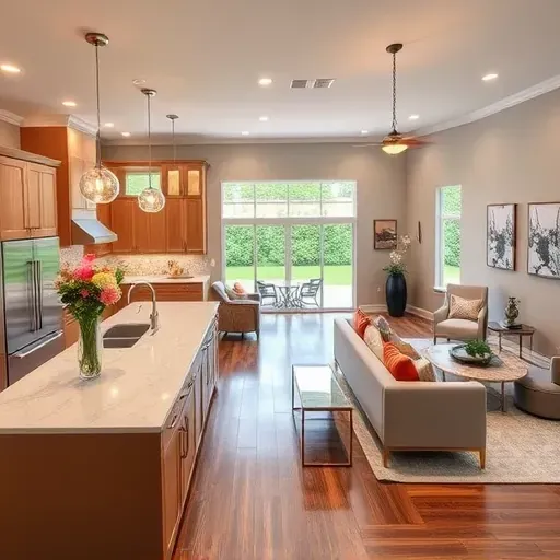 Modern kitchen remodel in Carrollton with high-end appliances, quartz countertops, and open layout to living area.