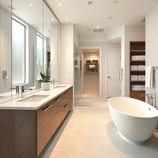 Completed bathroom remodel in Arlington TX features modern fixtures, walk-in shower, freestanding tub, and polished finishes.