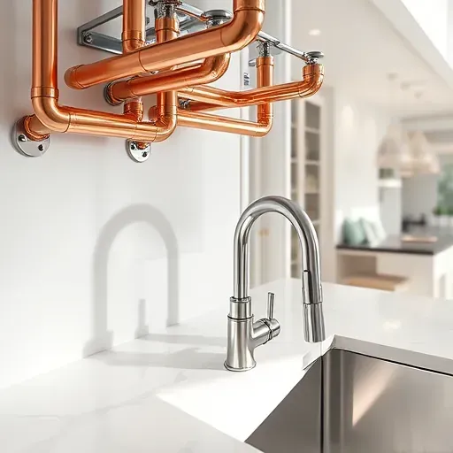 Updated modern kitchen with polished copper pipes, stainless steel fixtures, marble countertop, and sleek under-sink plumbing features.