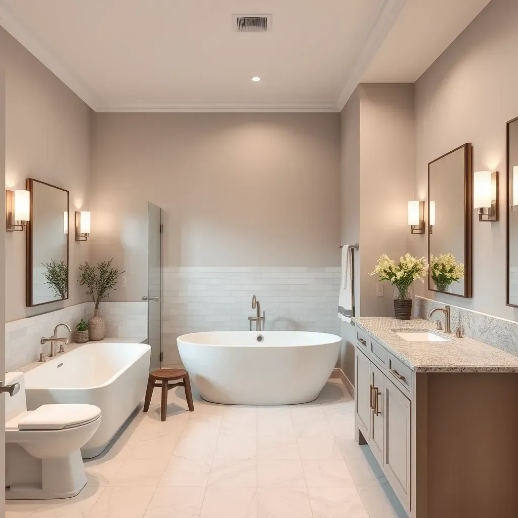 Spacious, modern bathroom in Colleyville, TX with sleek tiles, marble countertops, frameless shower, soaking tub, and matte black fixtures.