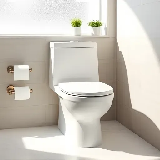 Modern white toilet in a bright upscale bathroom with marble countertop, plants, and natural lighting highlighting clean design
