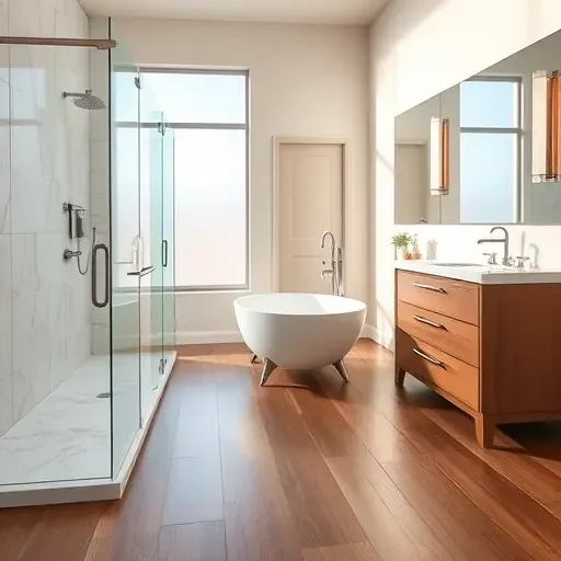 Luxurious bathroom in Lewisville, TX with modern fixtures, walk-in shower, marble accents, freestanding tub, and sleek finishes.