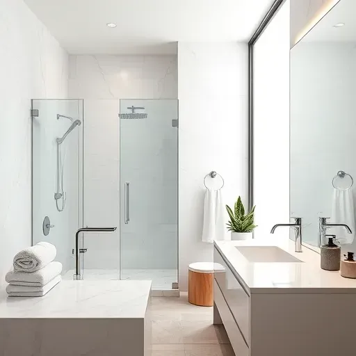 Beautiful Southlake bathroom with marble floors, a soaking tub, walk-in shower, floating vanities, and natural outdoor views.