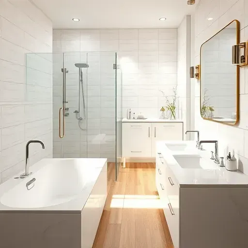 Modern renovated Arlington bathroom with walk-in shower, soaking tub, marble countertops, and stylish fixtures.