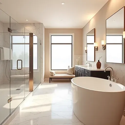 Modern bathroom remodel in Keller, TX featuring a spacious walk-in shower, freestanding tub, and double vanity with elegant decor.