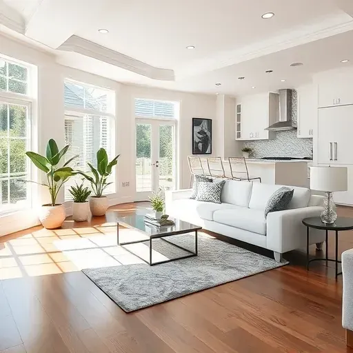 Elegant living room in Prosper TX featuring modern decor, hardwood floors, and open-concept design with gourmet kitchen.