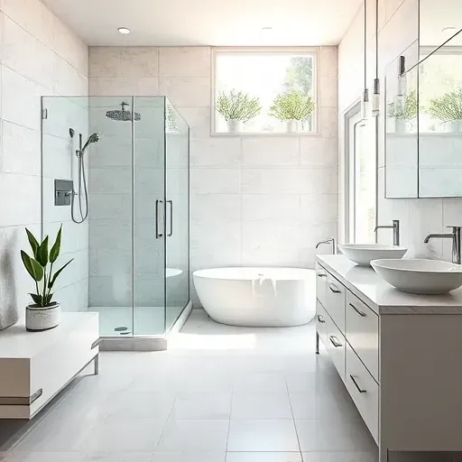 Remodeled bathroom in Grand Prairie, TX with glass shower, soaking tub, marble double vanity, and elegant decor.
