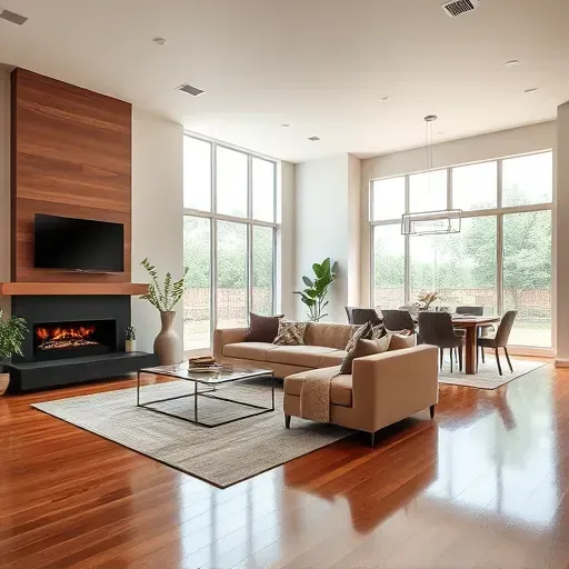 Modern living room in Arlington TX with open layout, large windows, rich wood accents, and sophisticated decor.