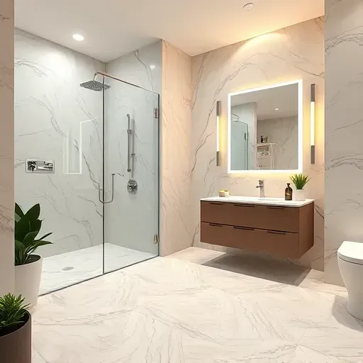 Remodeled Argyle, TX bathroom with walk-in shower, marble tiles, sleek fixtures, and modern decor for elegant style.