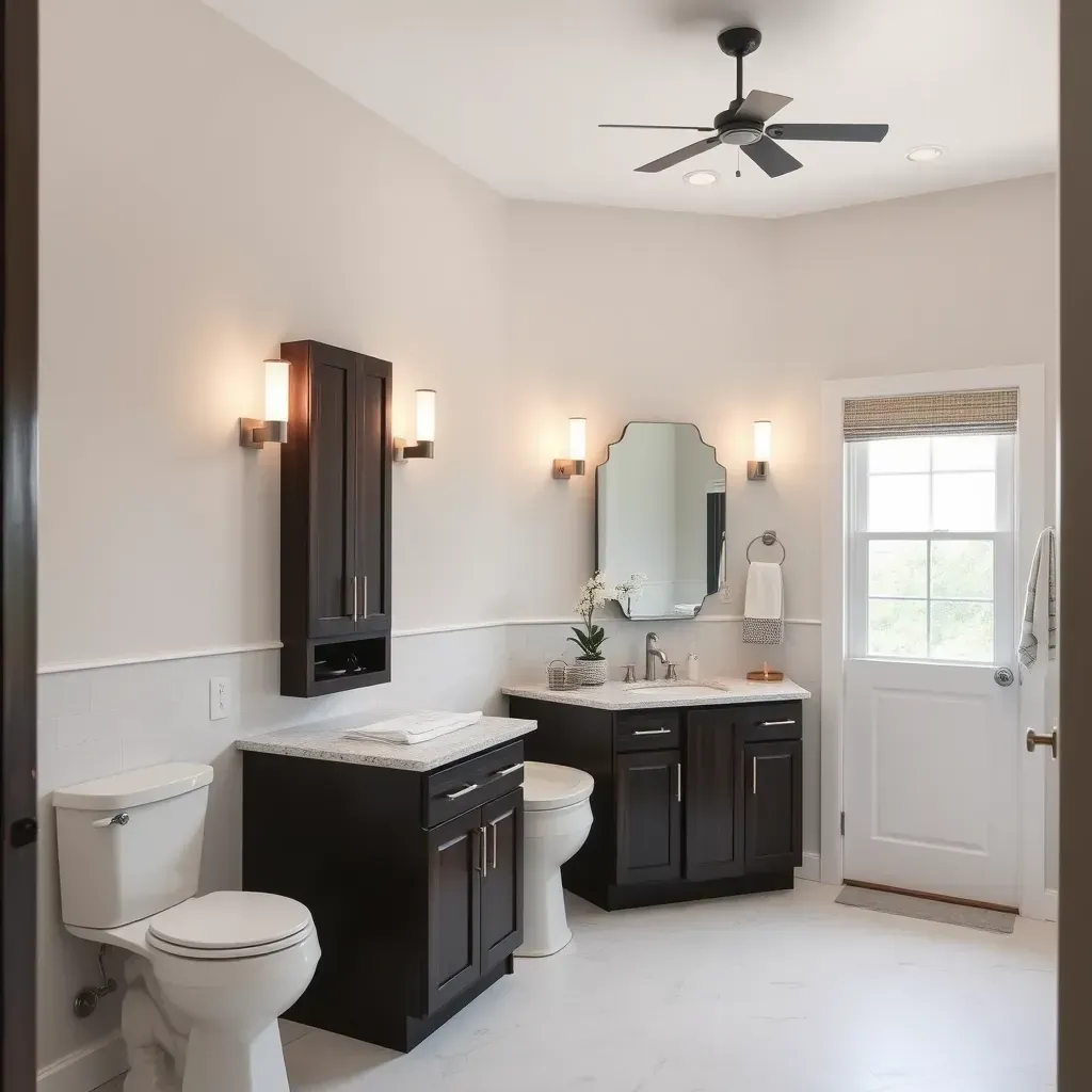 Modern North Richland Hills bathroom with walk-in shower, soaking tub, double vanity, quartz counters, and sleek black fixtures.