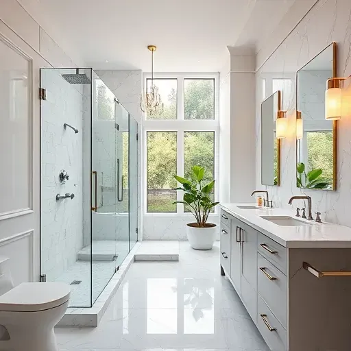 Beautiful renovated Trophy Club bathroom with modern fixtures, walk-in glass shower, marble countertops, and stylish decor